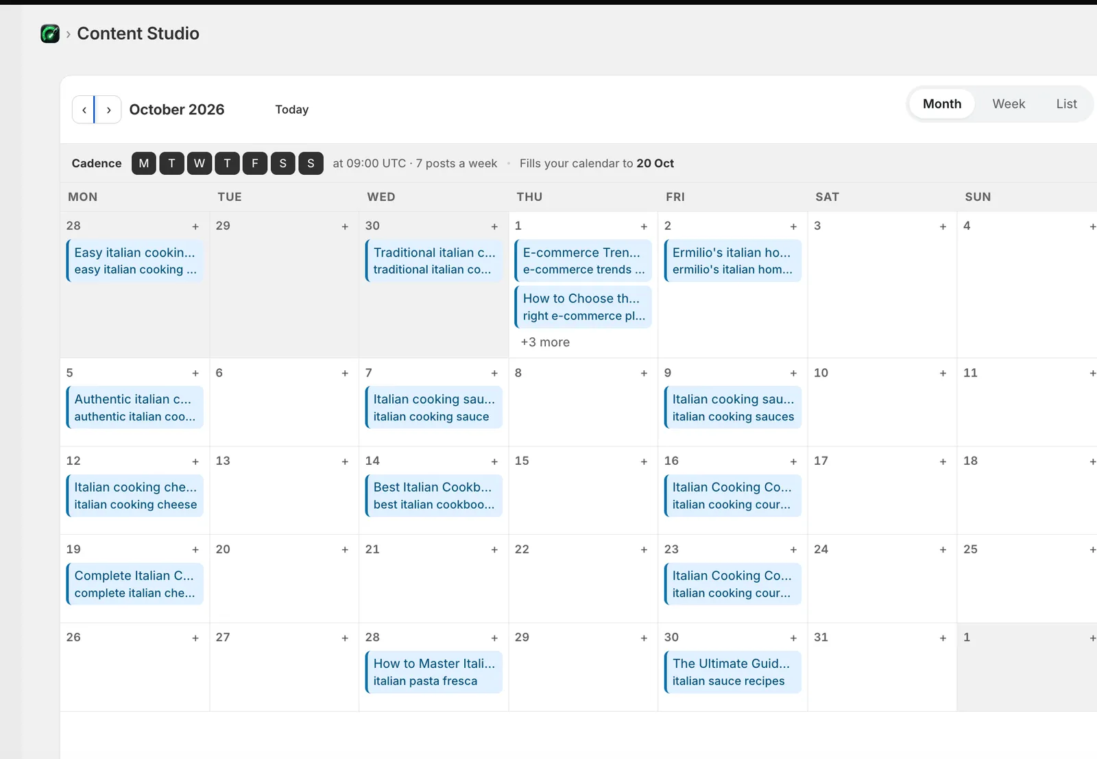 RankEngine Content Studio-kalender for oktober 2026 med en syv-innlegg-i-uken rytme, 12 utkast og 18 planlagte innlegg om italiensk matlaging