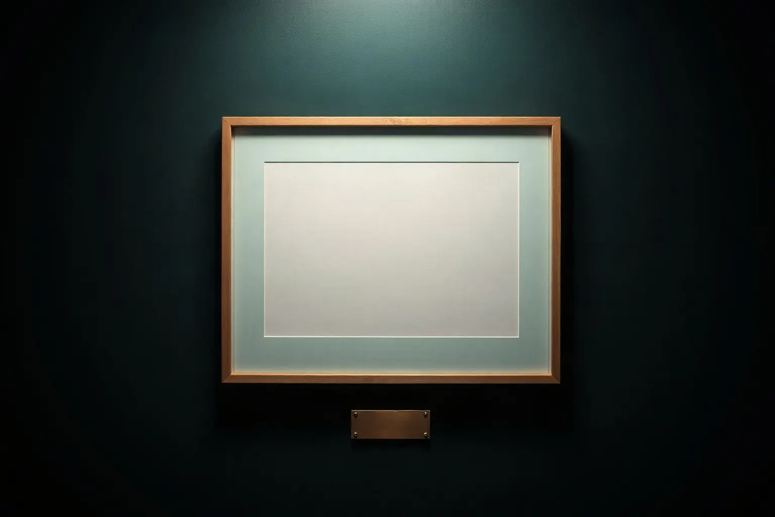 A framed photographic print on a dark wall with a small blank brass plaque beneath it — illustration for Alt text