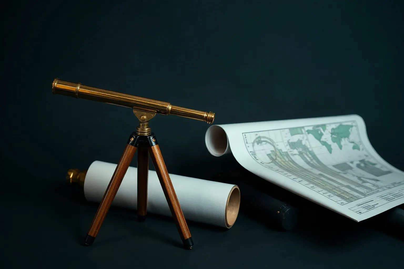 A brass telescope on a tripod beside a rolled chart on a dark desk — illustration for Google Search Console