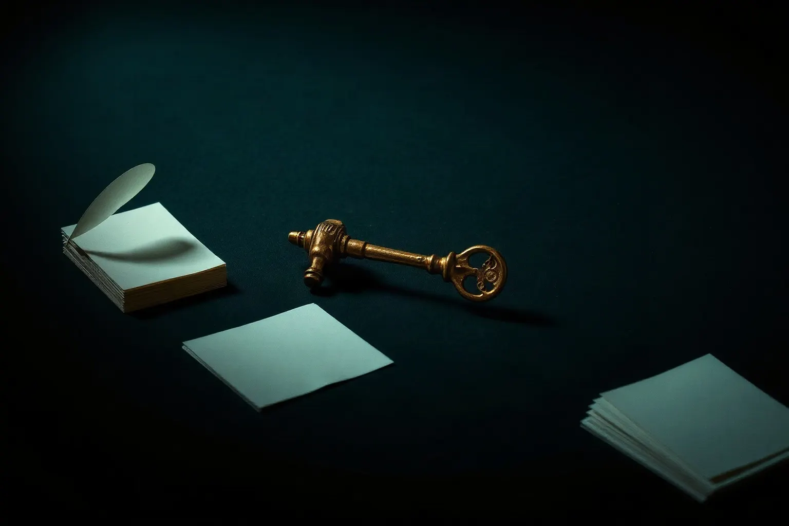 A brass telegraph key on a dark desk with a stack of blank message slips beside it — illustration for IndexNow