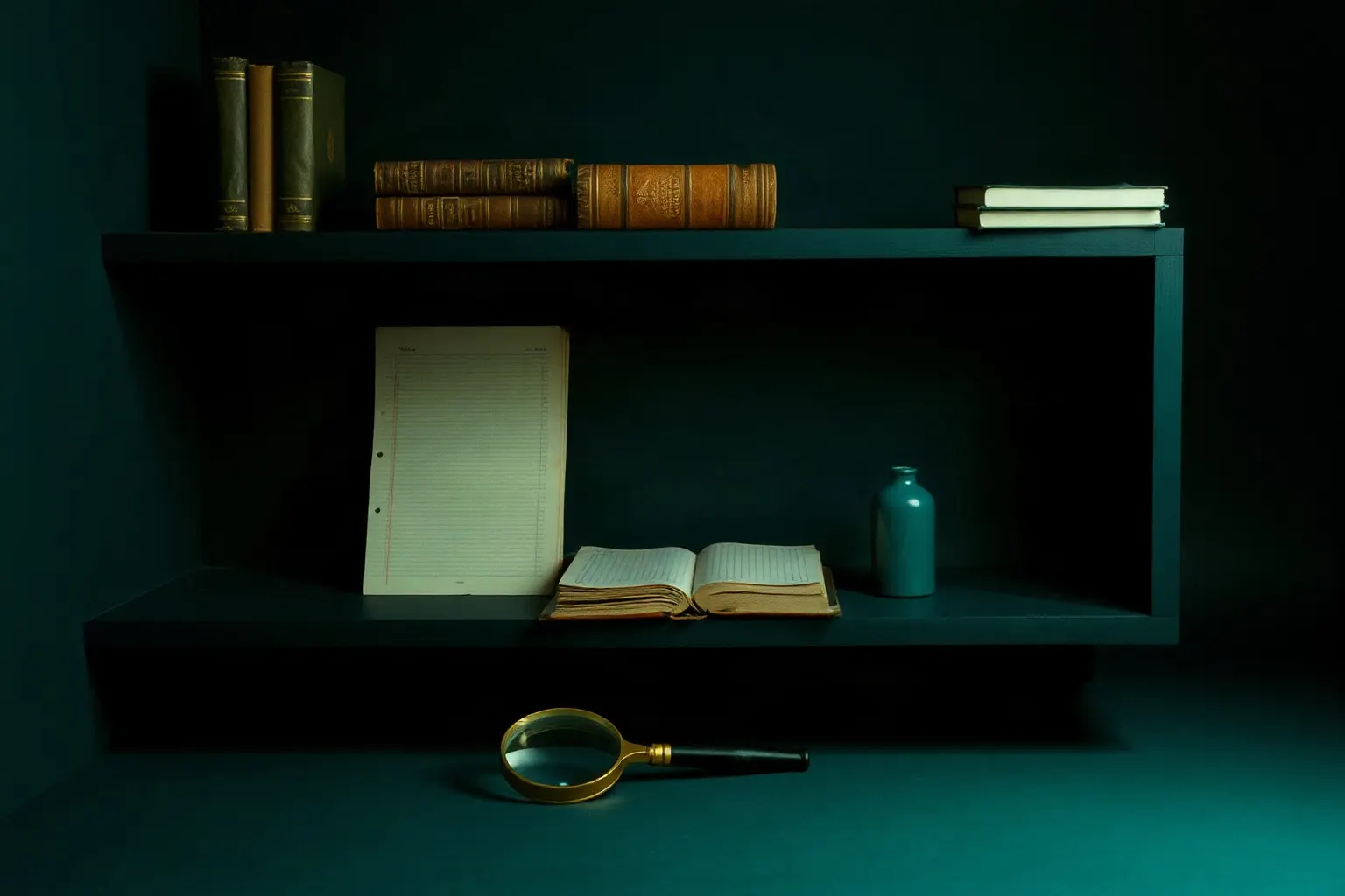 A shelf of ledgers with two volumes pulled out of line and a magnifier resting on the bench below — illustration for SEO audit