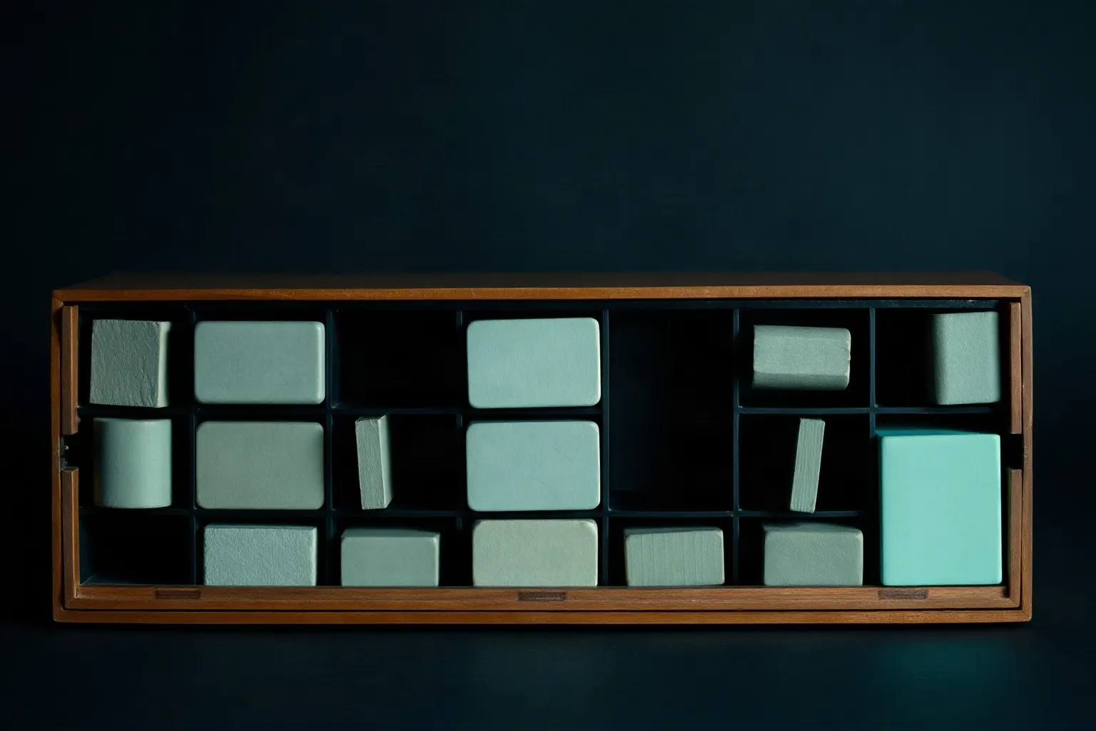 A printers type case with every compartment holding a differently shaped blank block — illustration for Structured data / schema