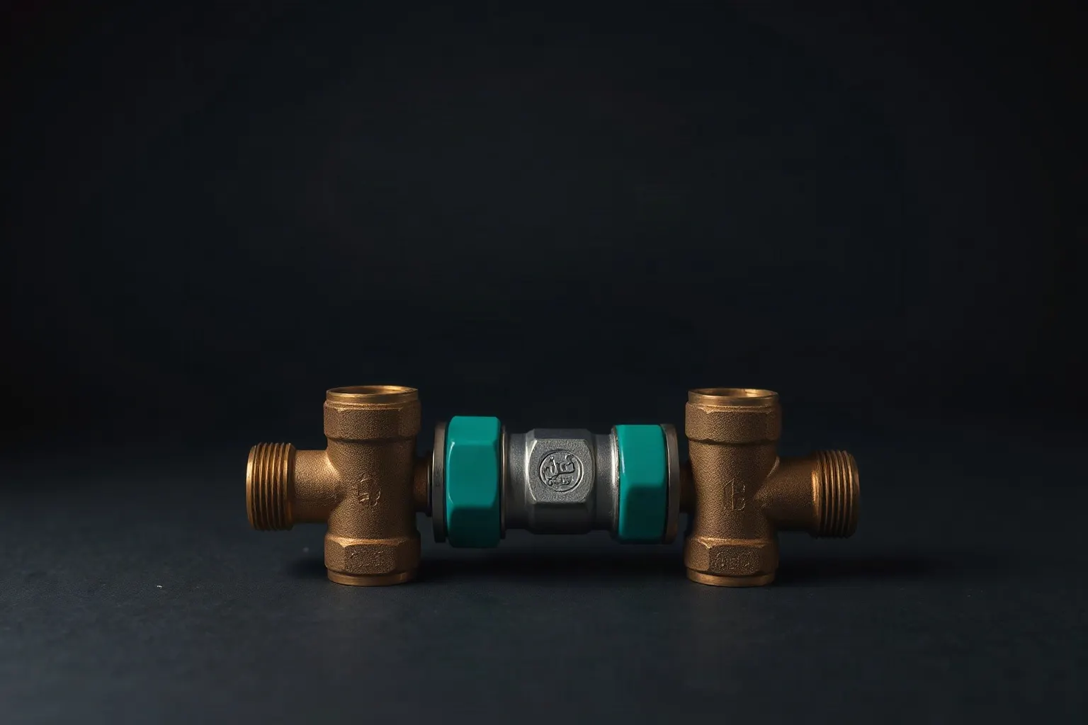 Three brass fittings of different patterns meeting at one common machined coupling — illustration for UCP