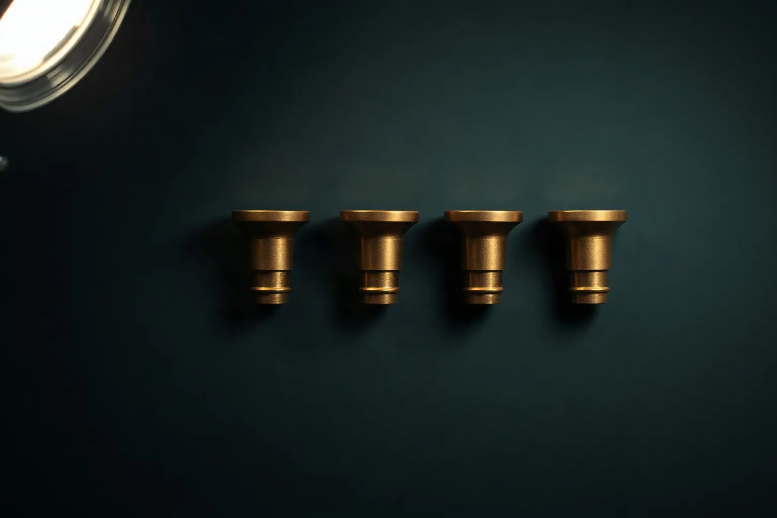 Four brass speaking-tube mouthpieces mounted in a row on a workshop wall — illustration for Answer Engine Optimization Tools