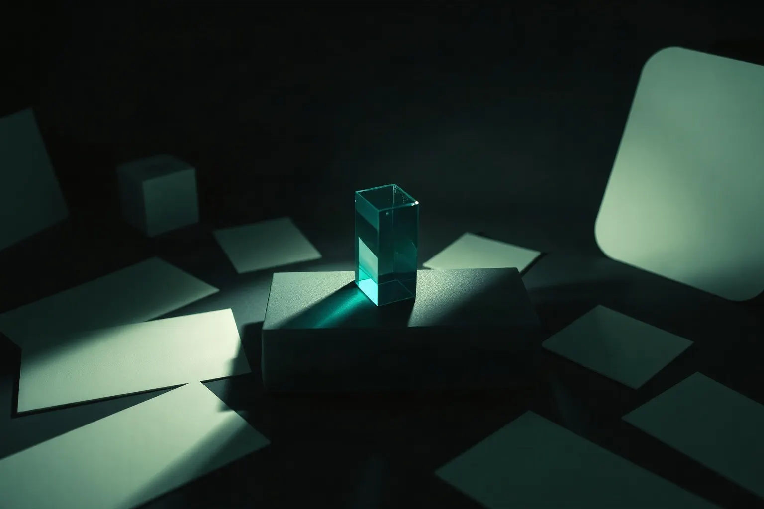 A glass prism on a dark bench splitting one beam of light into three across scattered blank cards — illustration for KI-Suchoptimierung