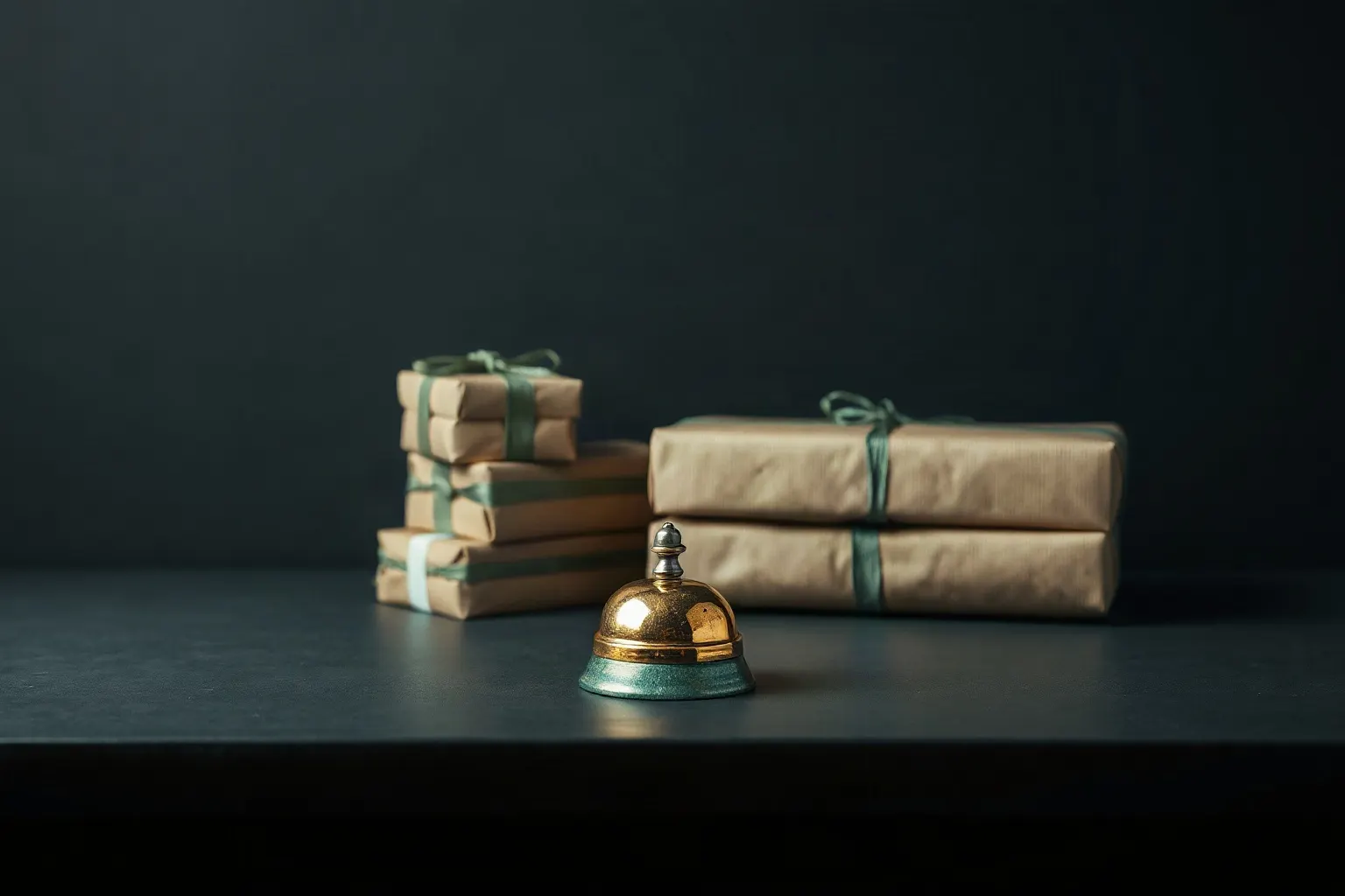 A brass counter bell on a dark service desk beside a neat stack of wrapped parcels — illustration for AI SEO-Agent für Shopify