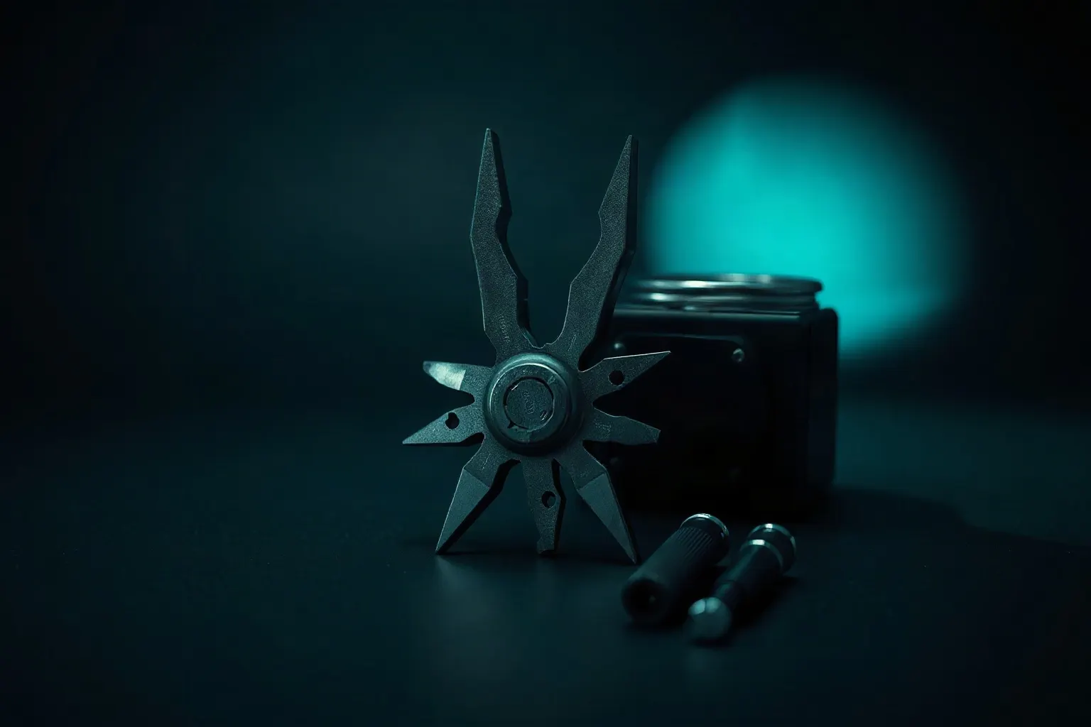 A machined multi-tool standing open on a dark bench with its blades fanned out like a compass rose — illustration for Beste KI-SEO-Tools 2026