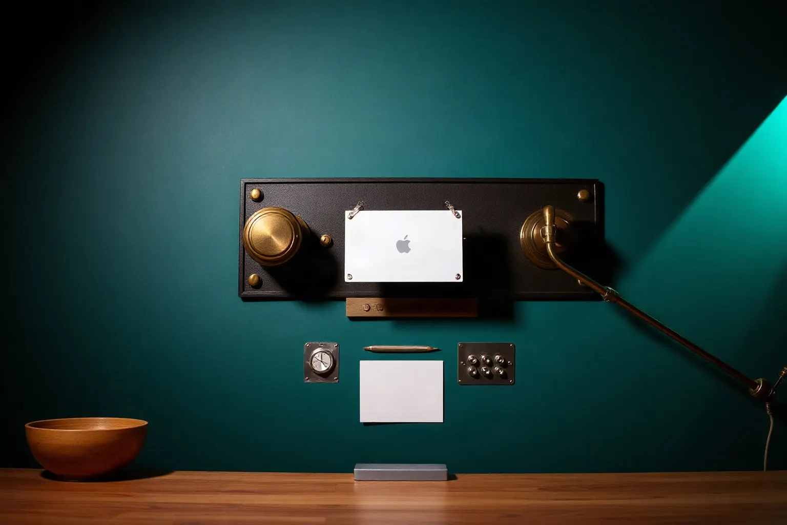 A brass speaking tube mounted above a counter with a single blank card resting beneath it — illustration for Answer Engine Optimization