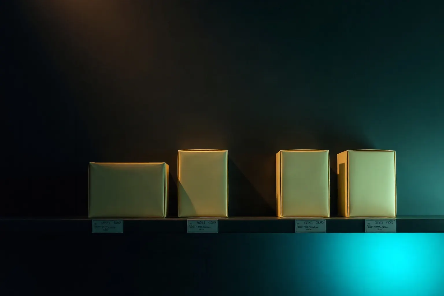 A retail shelf of plain product boxes with blank shelf-edge tickets — illustration for Beste SEO-Apps für Shopify 2026