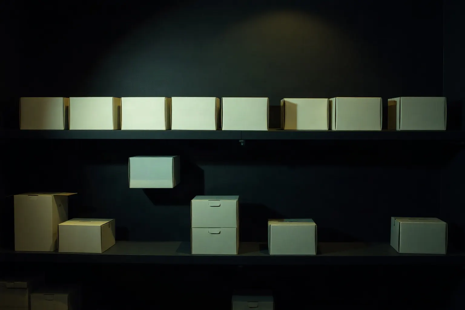 A stockroom shelf of eleven identical boxes — illustration for Beste Shopify SEO-App 2026
