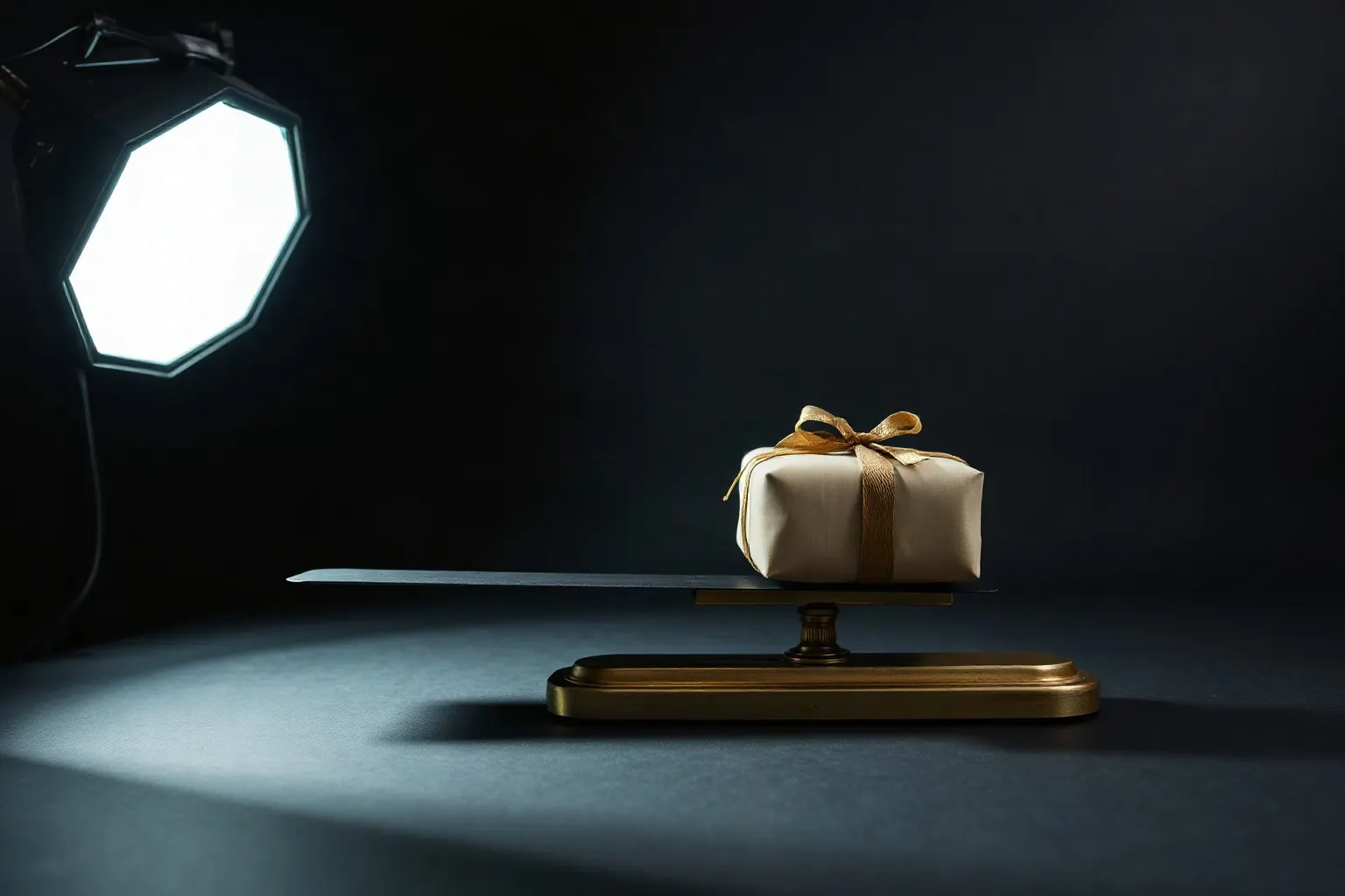 A brass balance scale on a counter with a parcel in each pan — illustration for Alternativa a Booster SEO
