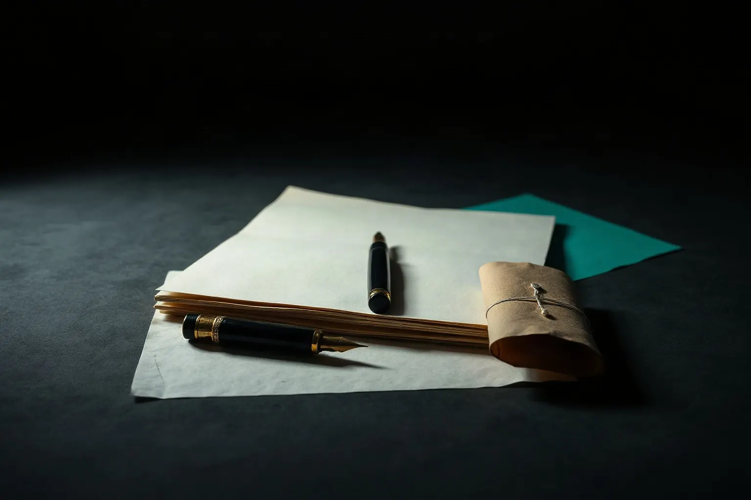 A contract of heavy paper weighted open by a brass bar beside a fountain pen and a parcel — illustration for Ecommerce SEO agency