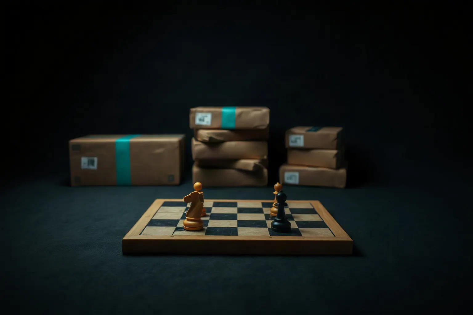 A chessboard set out on a packing bench with four pieces advanced and parcels stacked behind it — illustration for Ecommerce SEO strategy