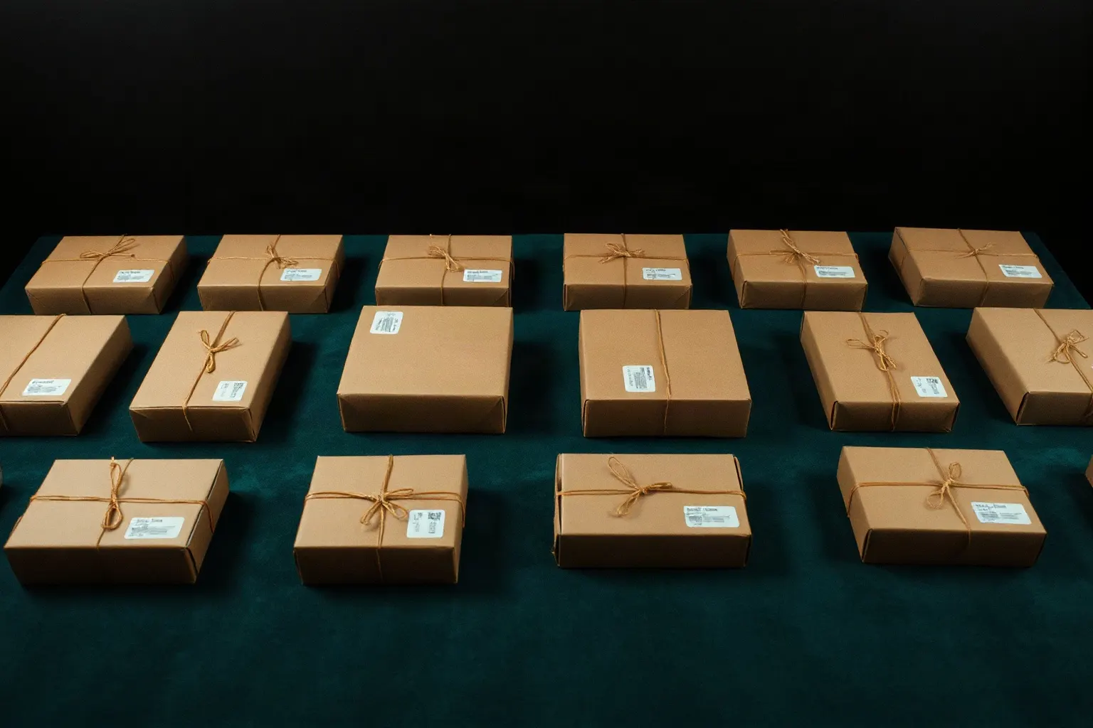 A packing table holding a dozen kraft parcels in neat rows — illustration for Ecommerce SEO-checklist voor 2026