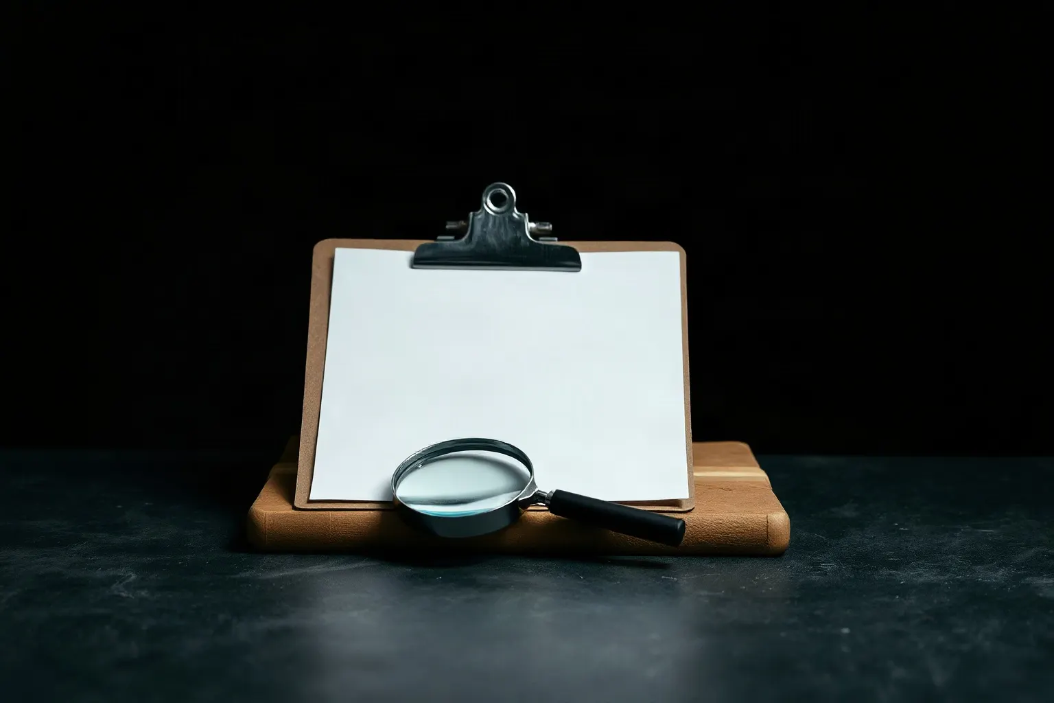 A clipboard holding one completely blank sheet on a packing bench with a magnifier resting across it — illustration for Shopify SEO-Audit