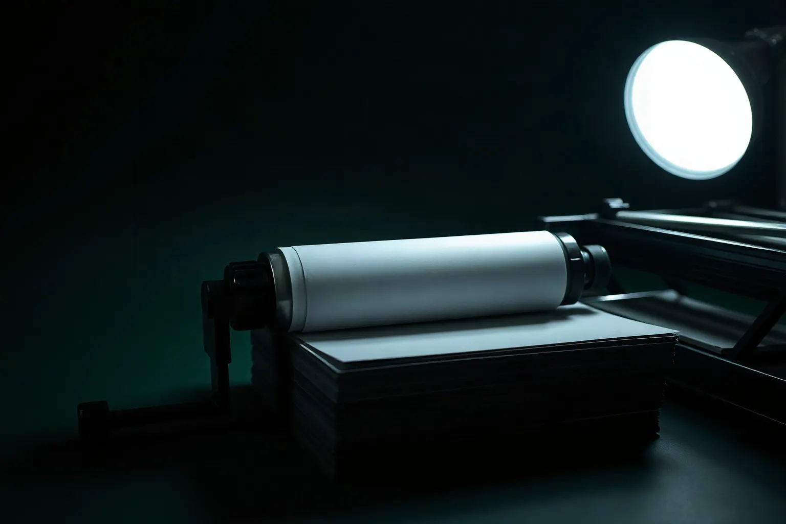 A printing press cylinder turning above a stack of plain unprinted sheets — illustration for Generative Engine Optimization