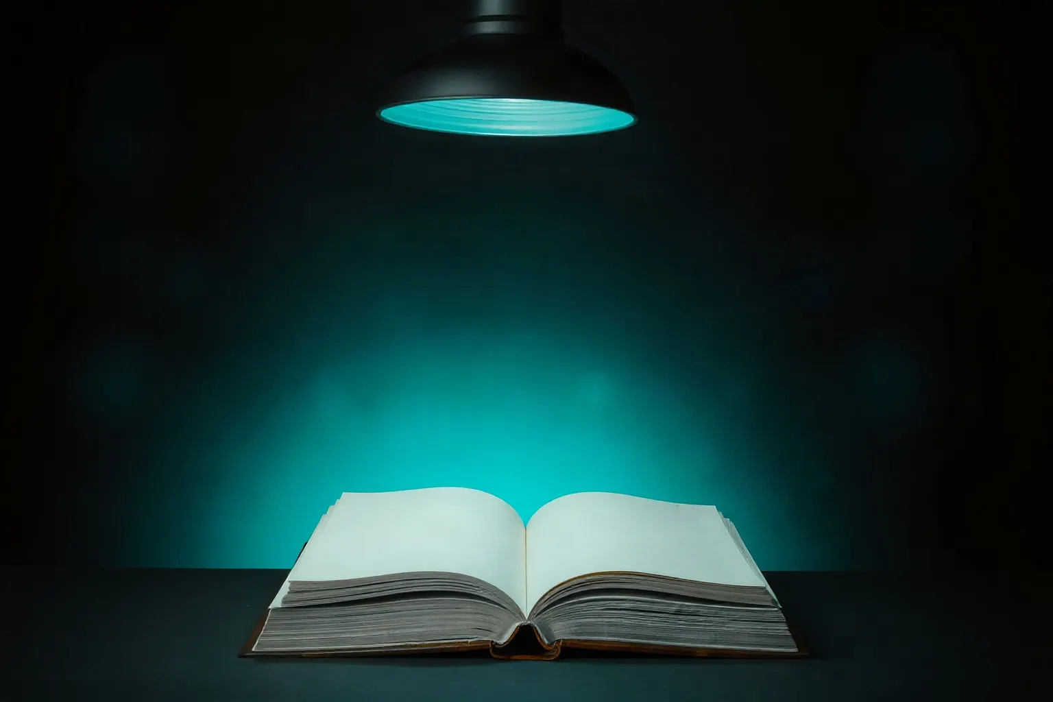 A reading lectern holding one open blank book under a single overhead light — illustration for Google AI Overviews
