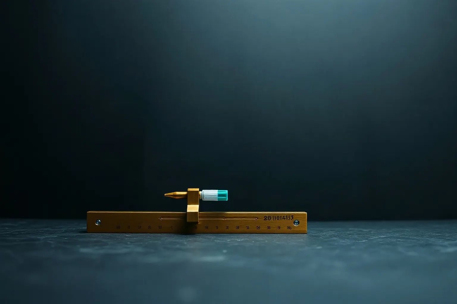 A tall brass measuring rail bolted to a workbench — illustration for Suivi de position Shopify