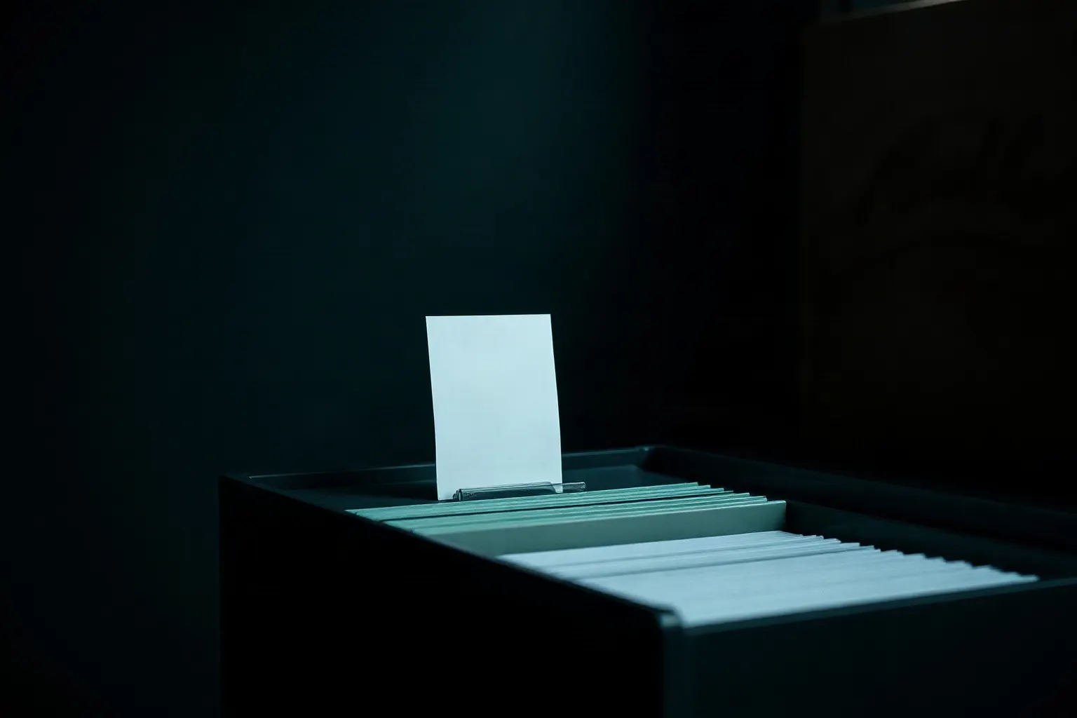 A single blank filing card standing upright in an otherwise empty card drawer — illustration for llms.txt-Generator für Shopify