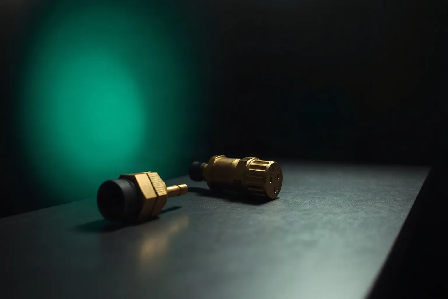 Two brass plug fittings on a bench — illustration for Alternativa a Plug in SEO para Shopify