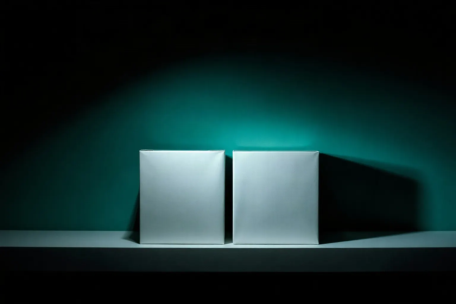 Two plain product boxes side by side on a lit shelf — illustration for RankEngine vs Smart SEO