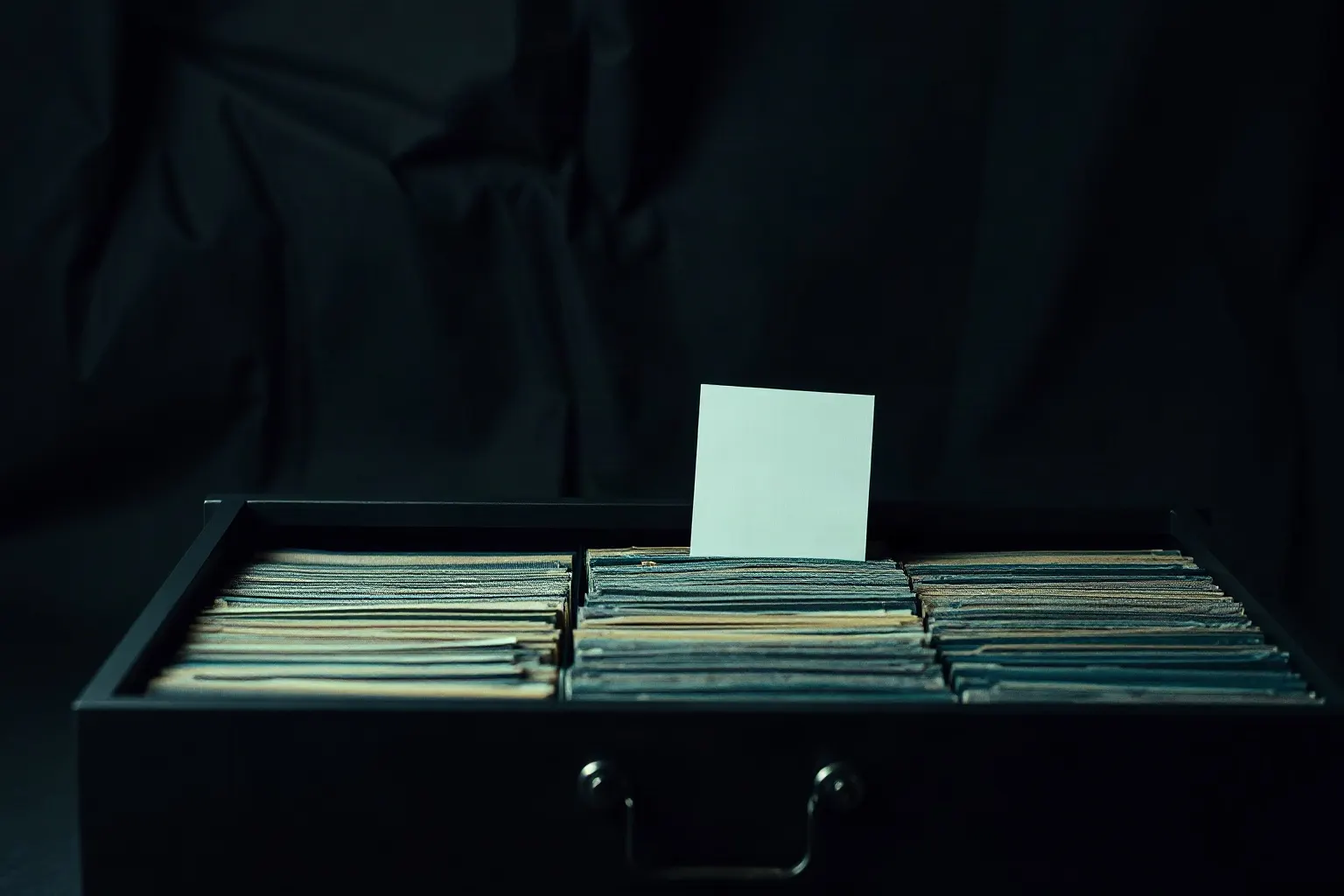 A wide flat drawer of filing cards pulled fully open — illustration for Case study
