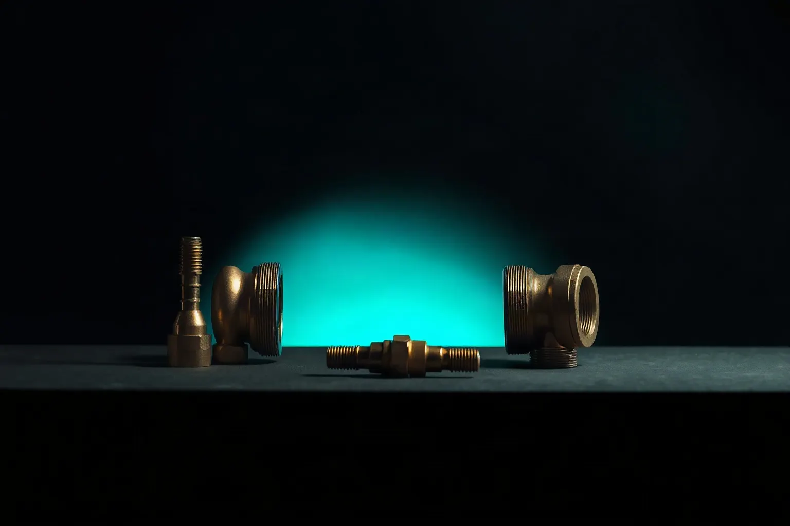 Two machined brass couplings joined together in the middle of a packing bench — illustration for Connecter Claude à Shopify SEO