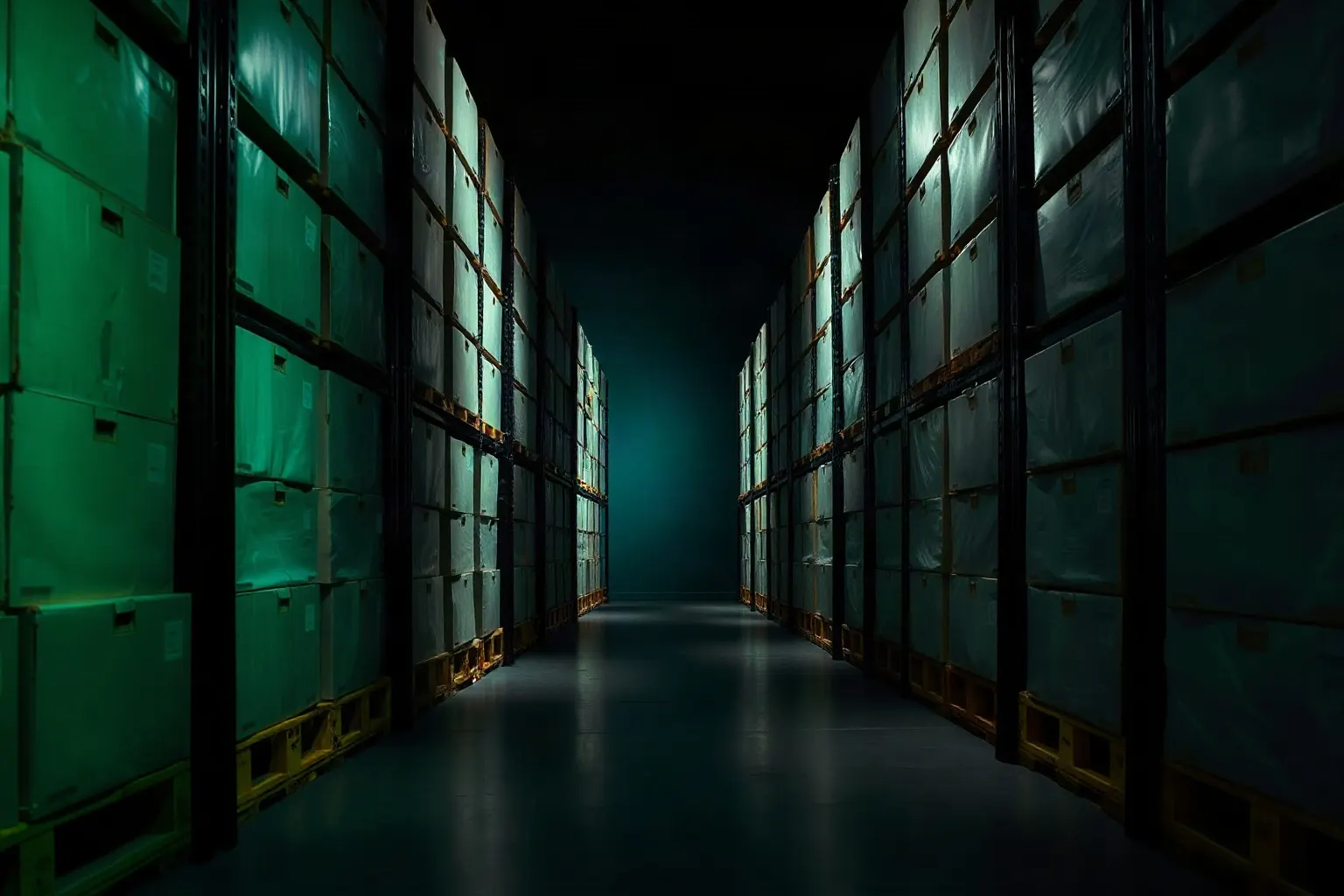 A warehouse aisle of tall racking stacked with identical cartons receding into the dark — illustration for Shopify Plus SEO