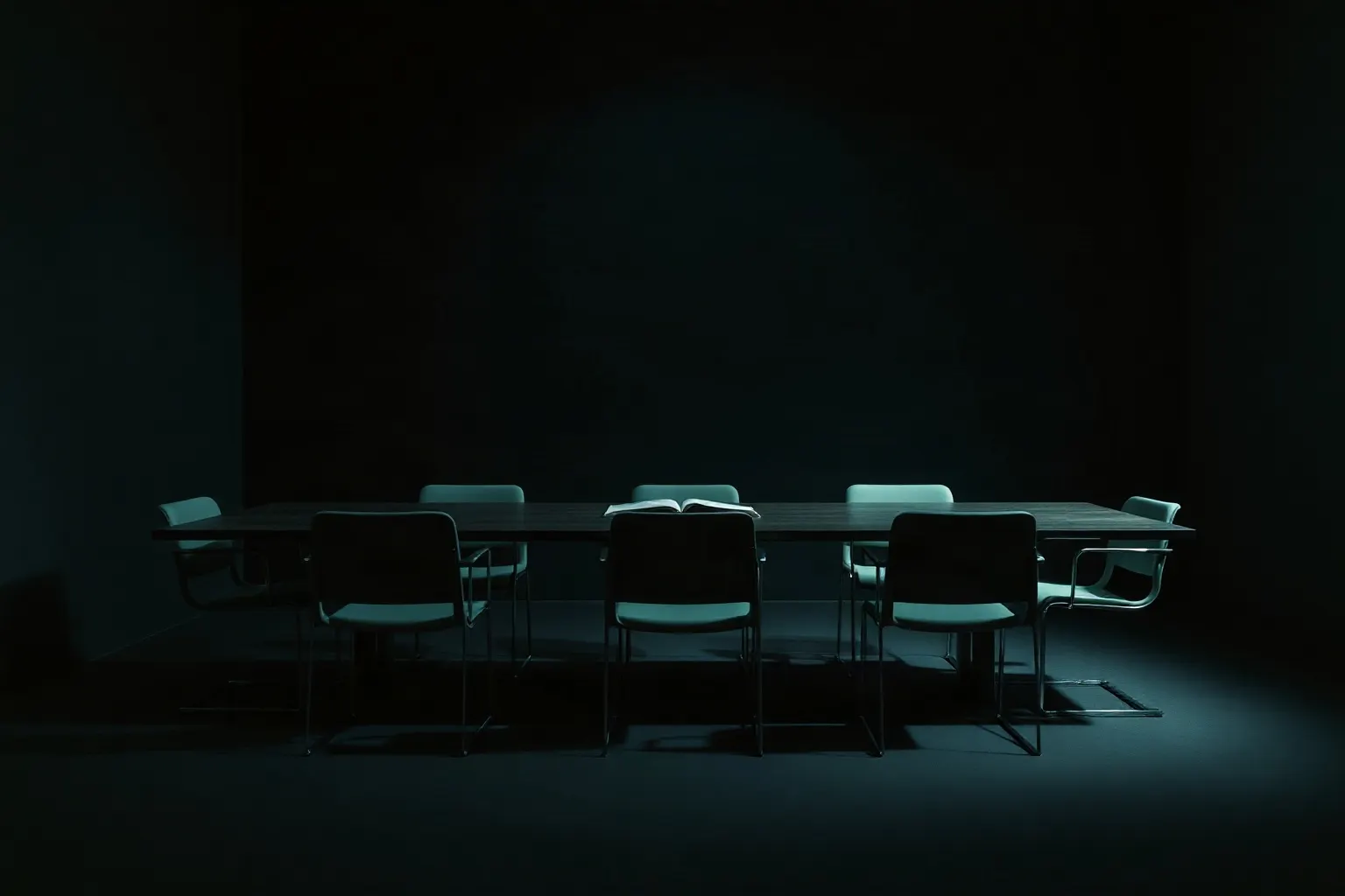 A long dark meeting table with five chairs and one open folder set at a single place — illustration for Shopify SEO-Agentur