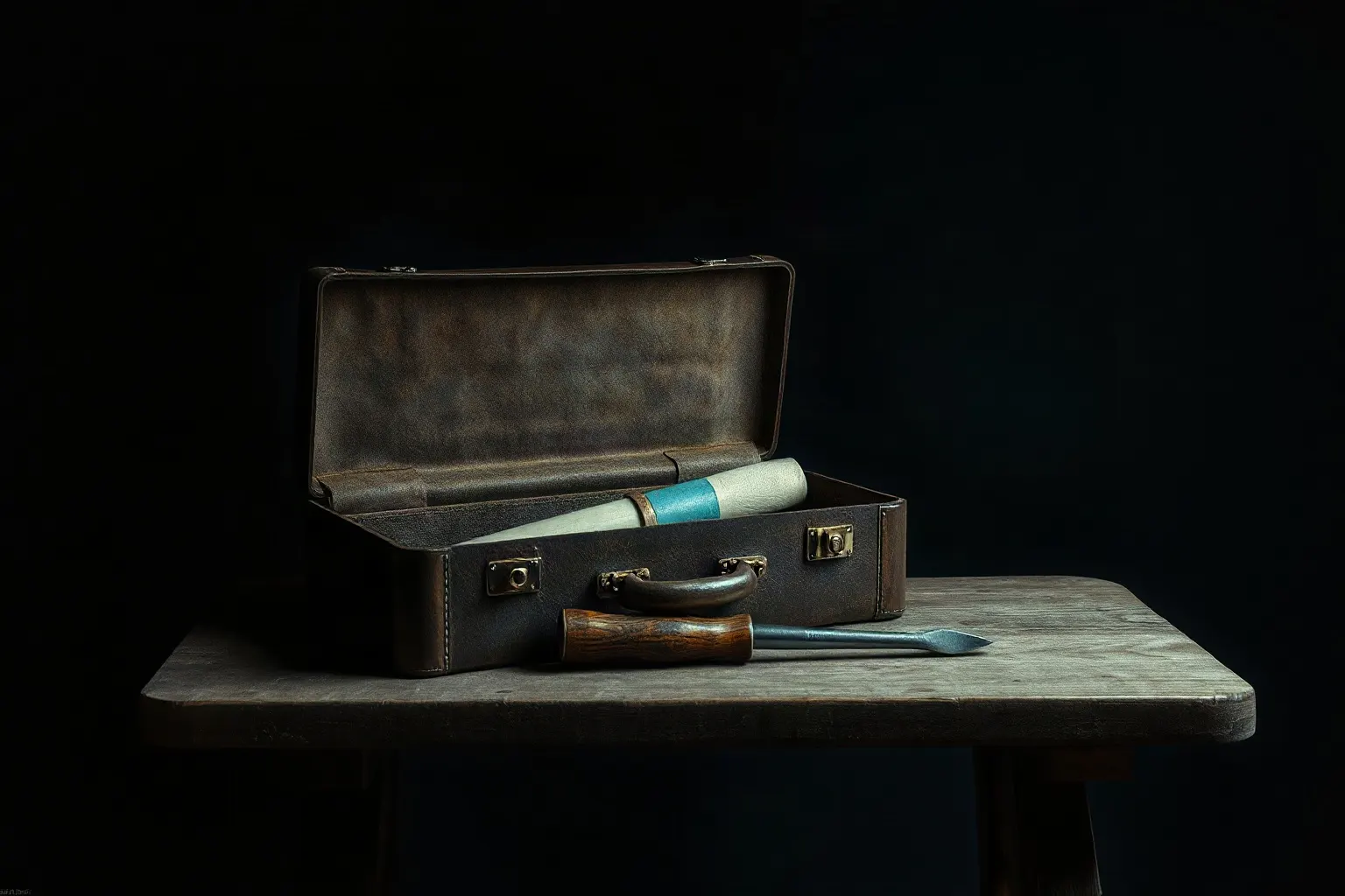 A worn leather tool case with a plain unmarked lining open on a bench — illustration for Expert SEO Shopify