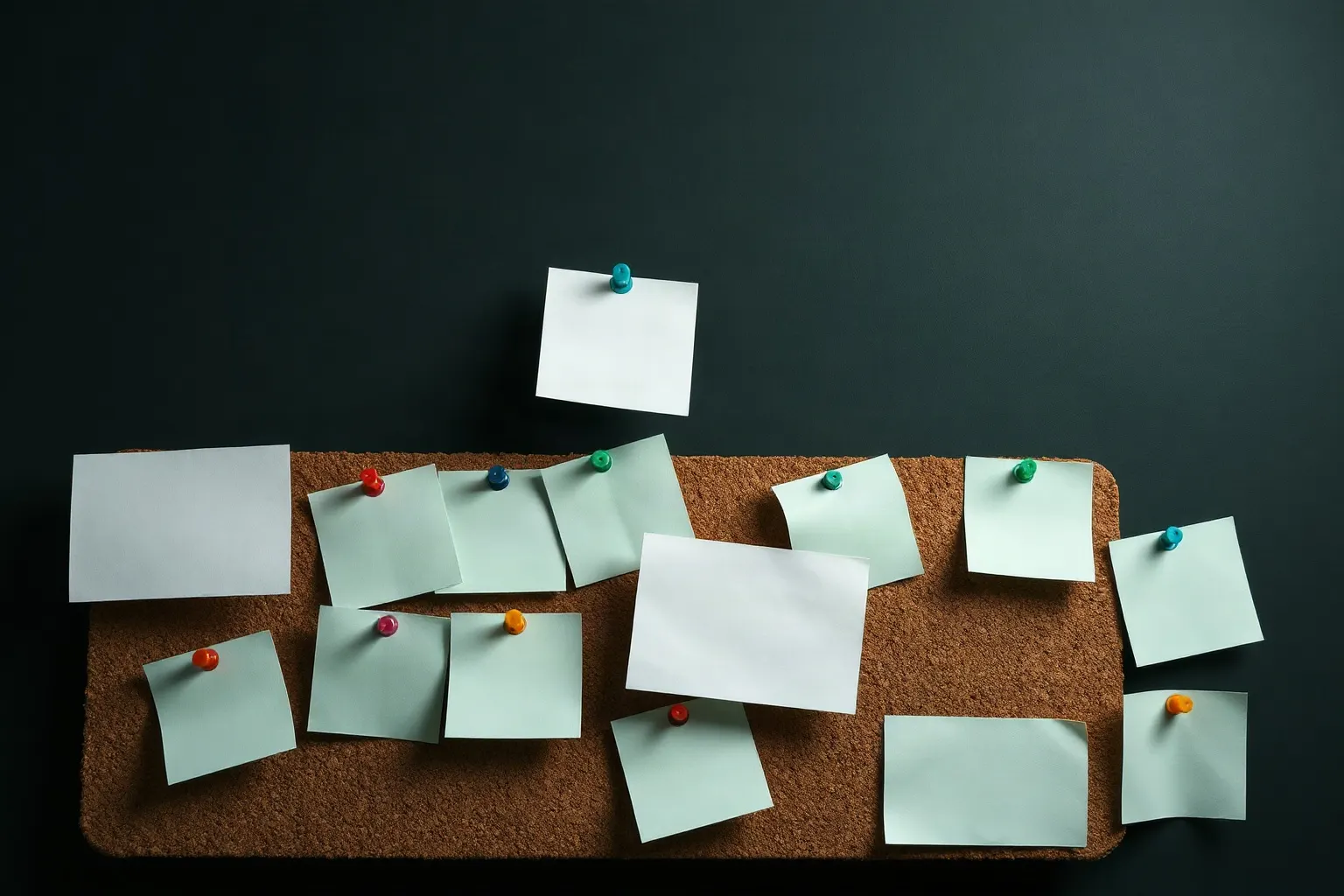 A cork noticeboard crowded with overlapping blank paper notes on coloured pins — illustration for Shopify SEO auf Reddit