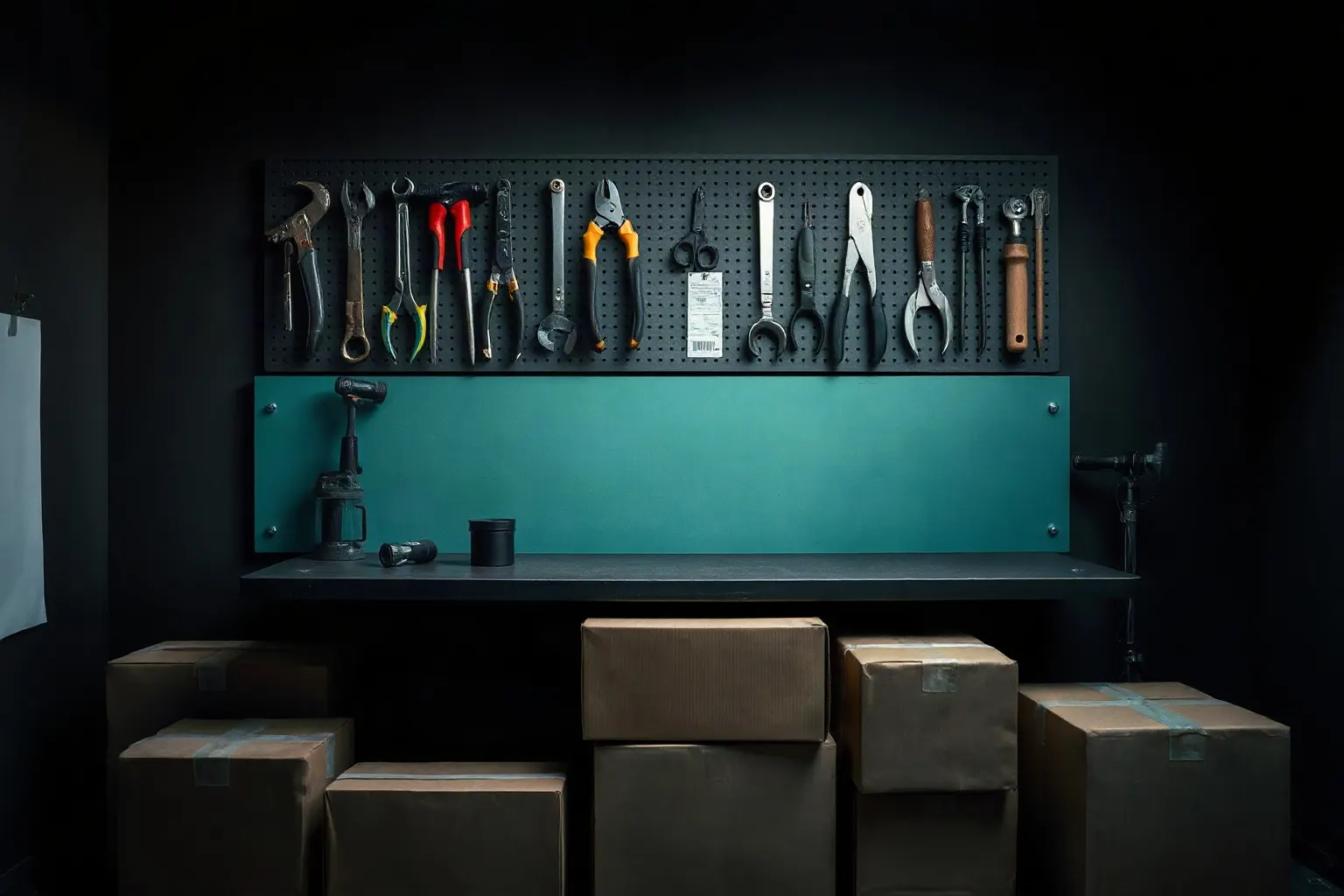 A workshop pegboard hung with precision hand tools — illustration for Shopify SEO-Tools
