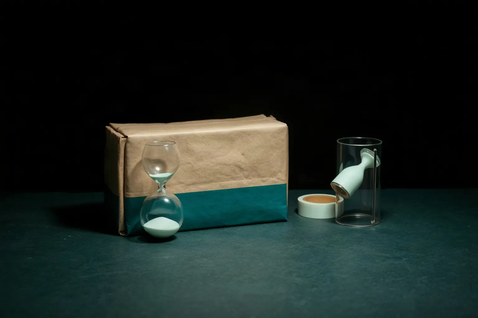 An hourglass mid-pour on a packing bench beside a parcel and a roll of tape — illustration for Shopify-Geschwindigkeitsoptimierung