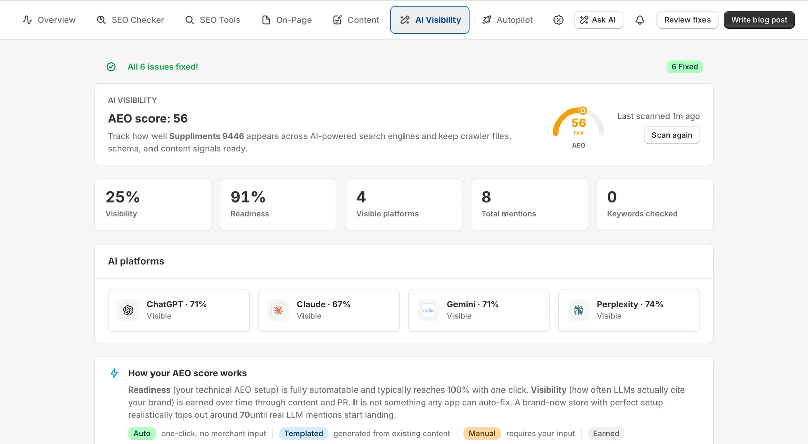 RankEngine AI Visibility: AEO score 56 with live visibility across ChatGPT 71%, Claude 67%, Gemini 71%, and Perplexity 74%