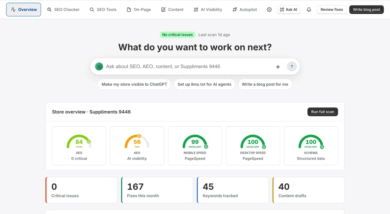 RankEngine dashboard: SEO 83, AEO 69, speed 98/99, and schema 84 scores, with 'Make my store visible to ChatGPT' and 'Set up llms.txt for AI agents' actions