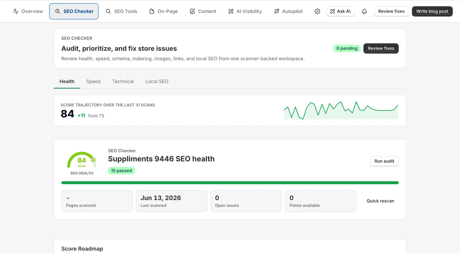 RankEngine SEO Checker: store health score 84 with a 32-scan trajectory and 15 checks passed